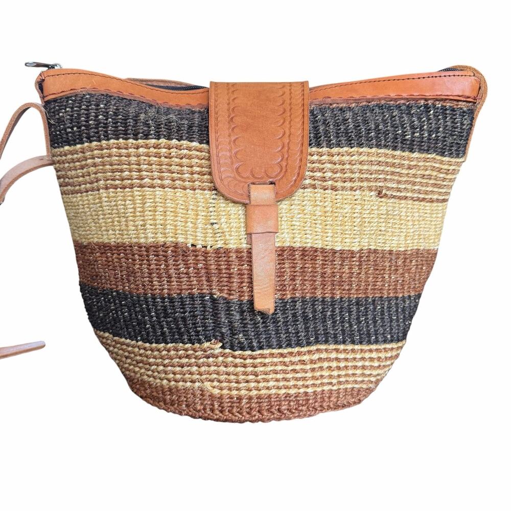 Straw Crossbody Bag Womens Medium Brown Striped Leather Trim Boho Beach - Picture 3 of 10